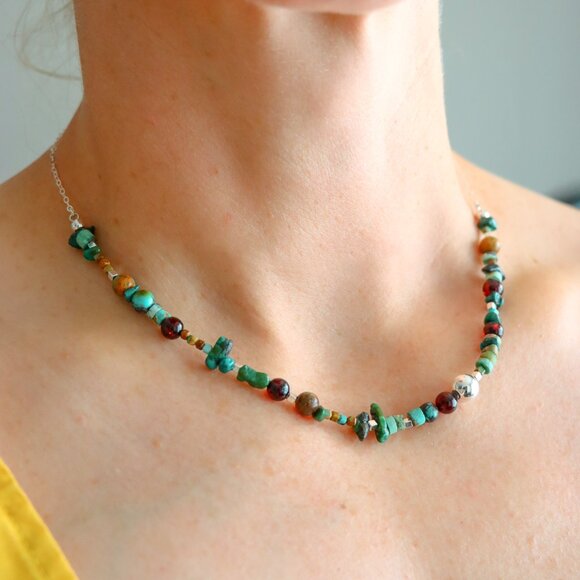 Genuine Arizona Turquoise, Baltic Cherry Amber and 925 Sterling Silver Necklace - Picture 1 of 5